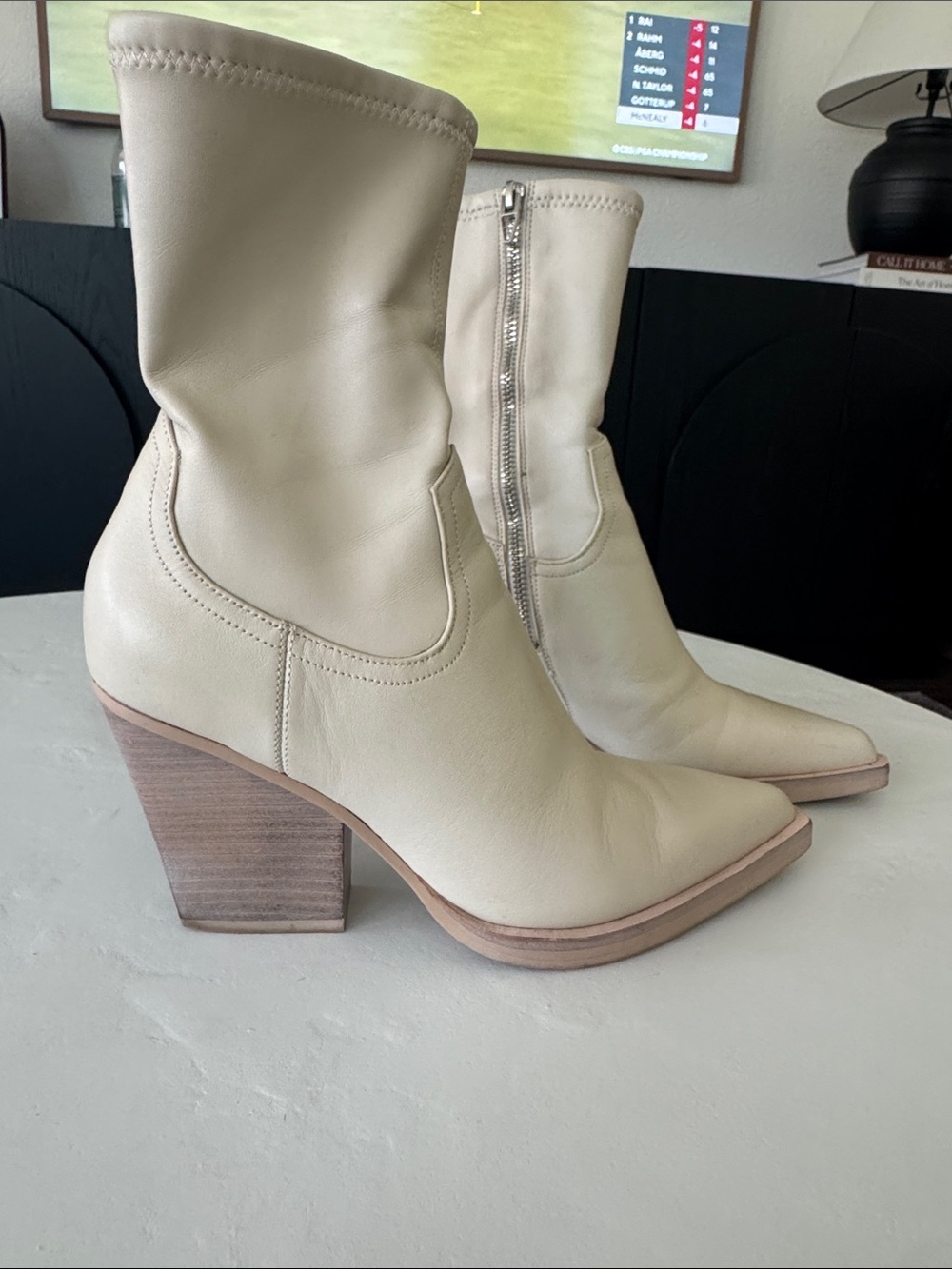 Dolce Vita Cream Leather Mid-Calf Block Heel Boots
